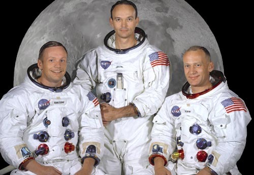 The Apollo 11 crew from left to right: Command Module pilot Michael Collins, Mission Commander Neil Armstrong, and Lunar Module pilot Edwin "Buzz" Aldrin.