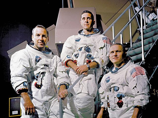 The Apollo 8 crew from left to right: Command Module pilot James A. Lovell, Lunar Module pilot William A. Anders, and Mission Commander Frank Borman. Apollo 8 was the first mission to take humans to the Moon and back. An important prelude to actually landing on the Moon was testing the flight trajectory and operations for getting there and back. Apollo 8 did this and acheived many other firsts including the first manned mission launched on the Saturn V, first manned launch from NASA's new Moonport, first pictures taken by humans of the Earth from deep space, and first live TV coverage of the lunar surface.